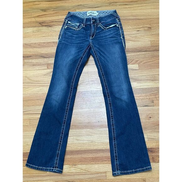 Ariat Real Women's 26 Blue Jeans Denim Cotton Bootcut Mid Rise Faded Grunge - Picture 1 of 11